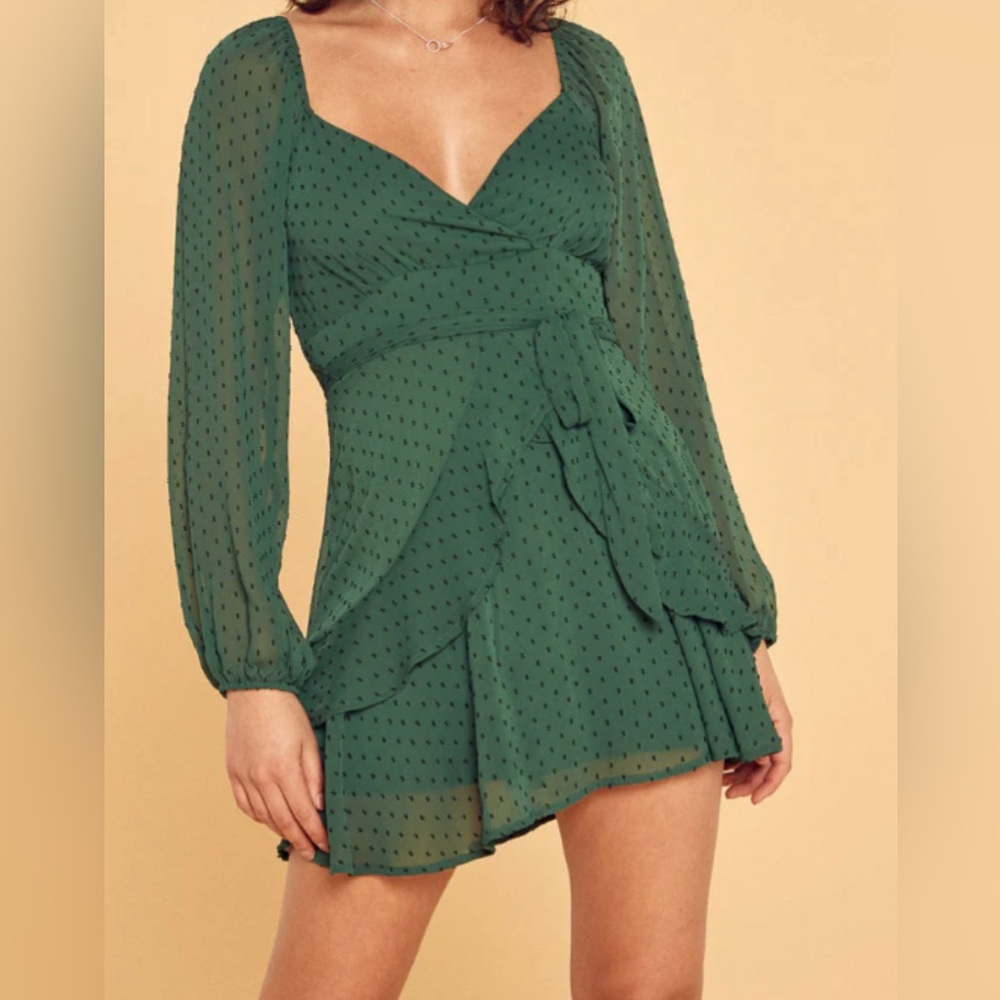 Trixxi Emerald Green Swiss Polka Dot Balloon Sleeve Ruffle  Mini Dress Size 5